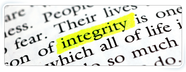Our Values banner - the word 'integrity' highlighted in a selection of text